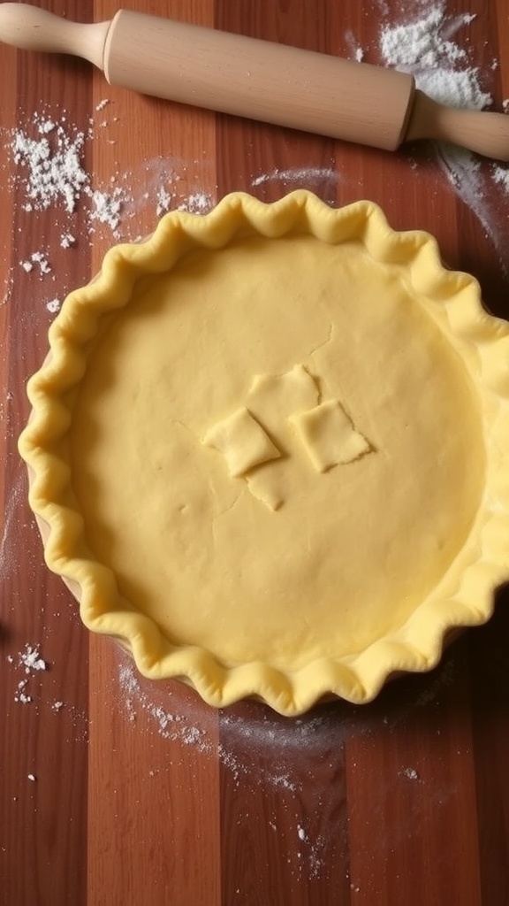 A golden brown pie crust with a crimped edge on a wooden table, ready for filling.